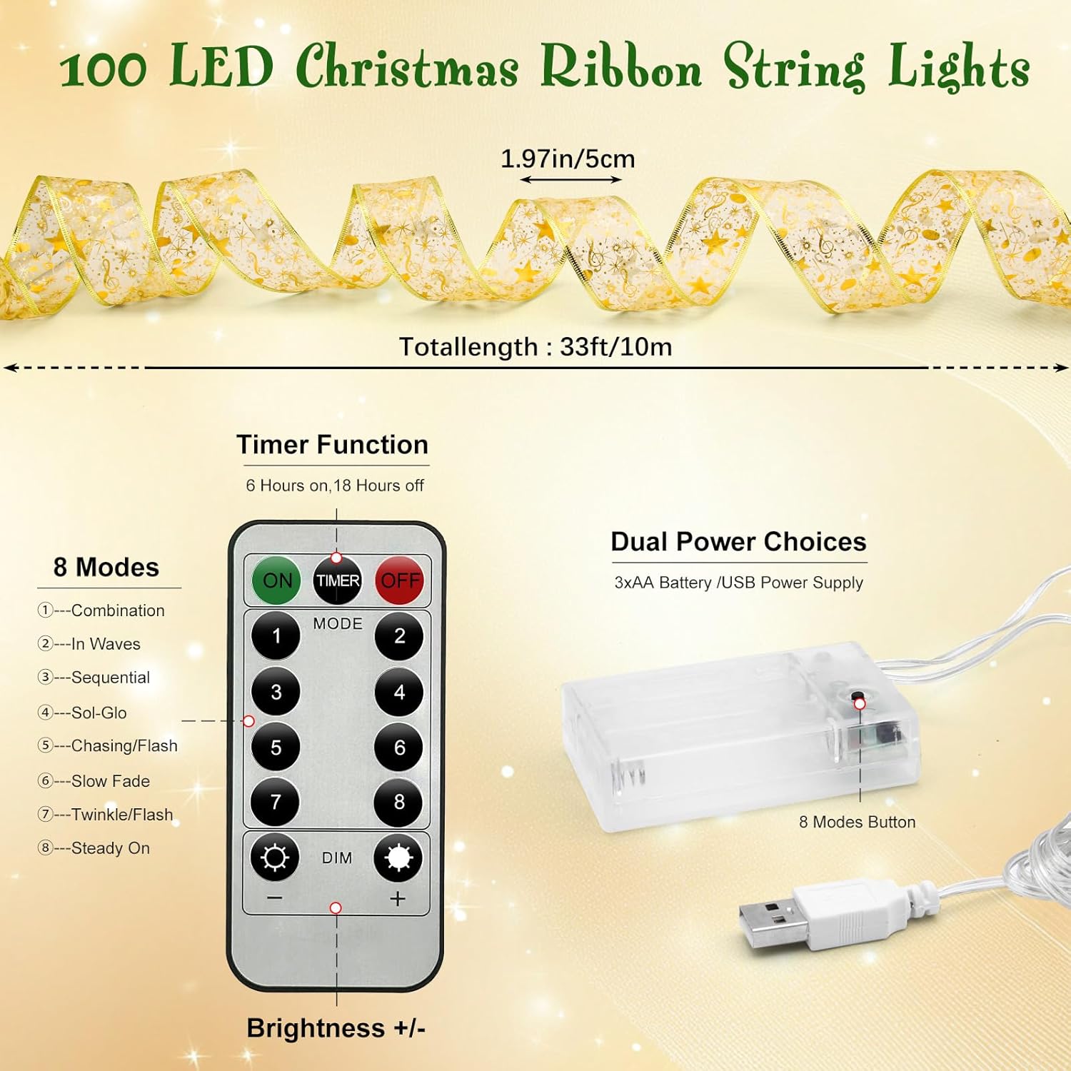 33 FT(10m) Christmas Ribbon Light