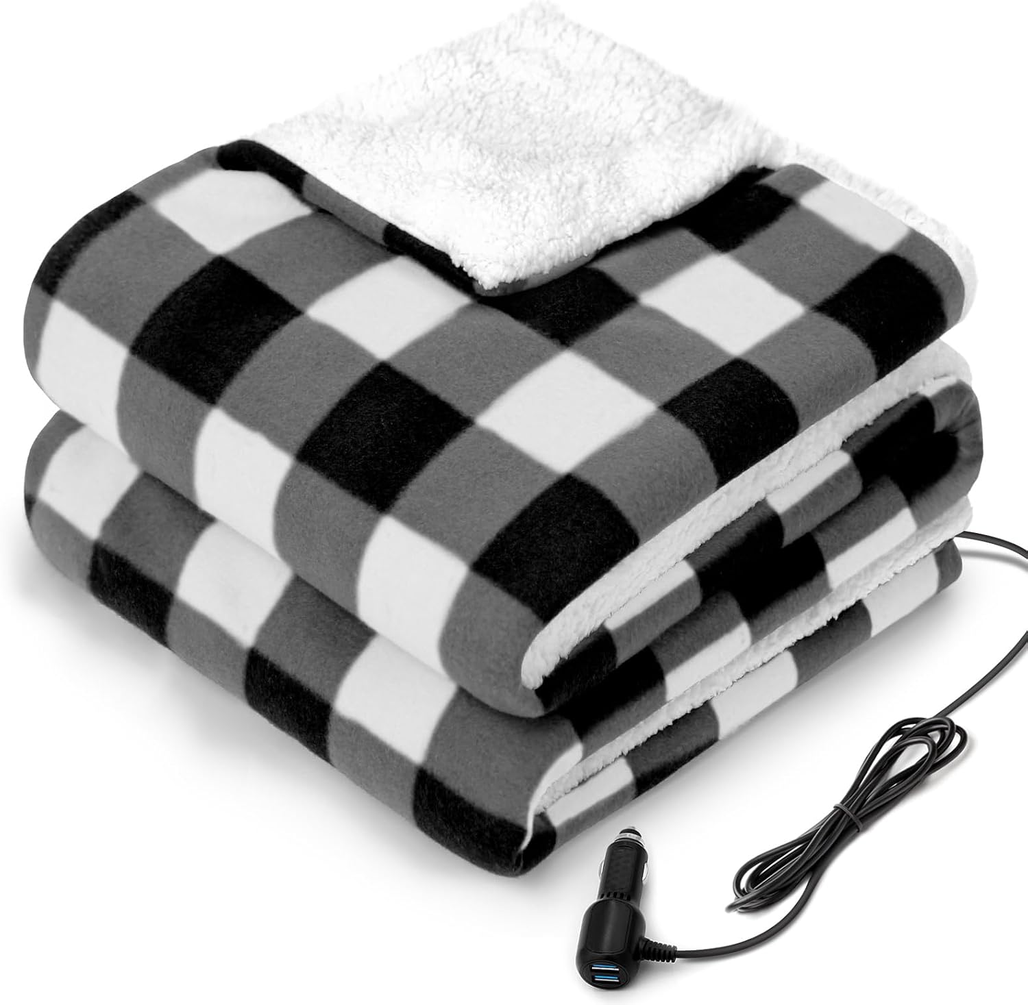 12‑Volt Heated Car Blanket with Dual USB, 3 Heat Levels & 4‑Hour Auto-Off